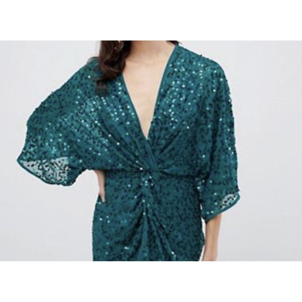 ASOS Sequin Mini Dress Women Size 4 Teal Excellent Deep V-Neck Wrap Cocktail